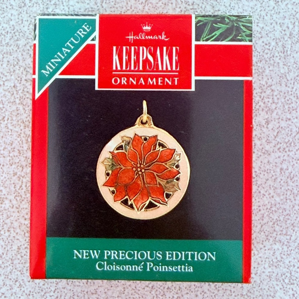 Hallmark Keepsake Cloisonné Poinsettia Miniature Christmas Ornament Enamel Brass